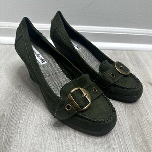 American Eagle Outfitters Olive Green Suede Wedge Loafers with Brass Buckle